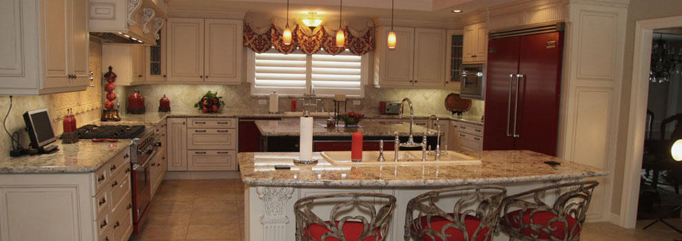 Traditional White Kitchen With Bright Red Appliances Accents