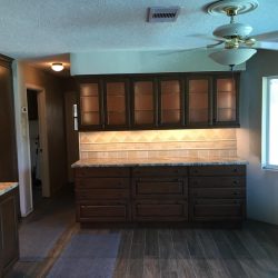 Not quite finished when these photos were taken, but it's going to be gorgeous, don't you think? Brand new custom Brookhaven cabinets, granite countertops, and all LED lighting (recessed cans and under-cabinet lights). Notice not electrical outlets in the backsplashes? They're concealed below the upper cabinets!